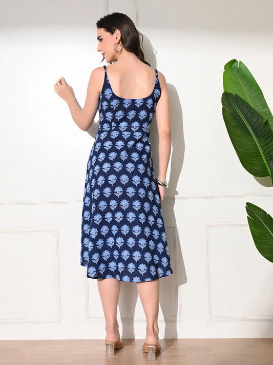 Indigo Blossom Flared Dress