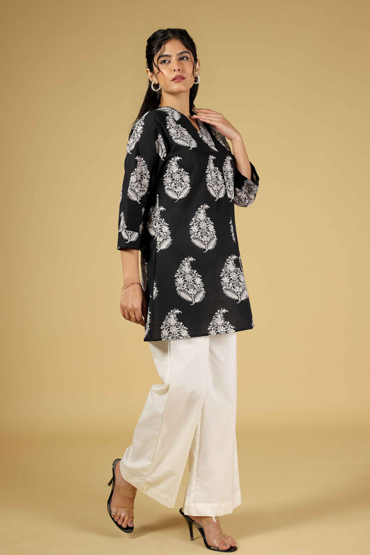 Noir Bloom Kurti With Ivory Palazzos