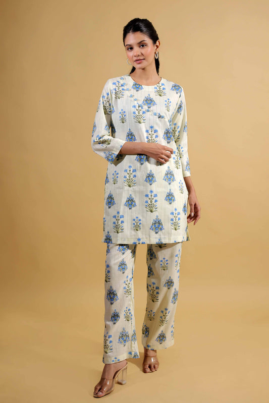 Floral Print Beige Kurti Set