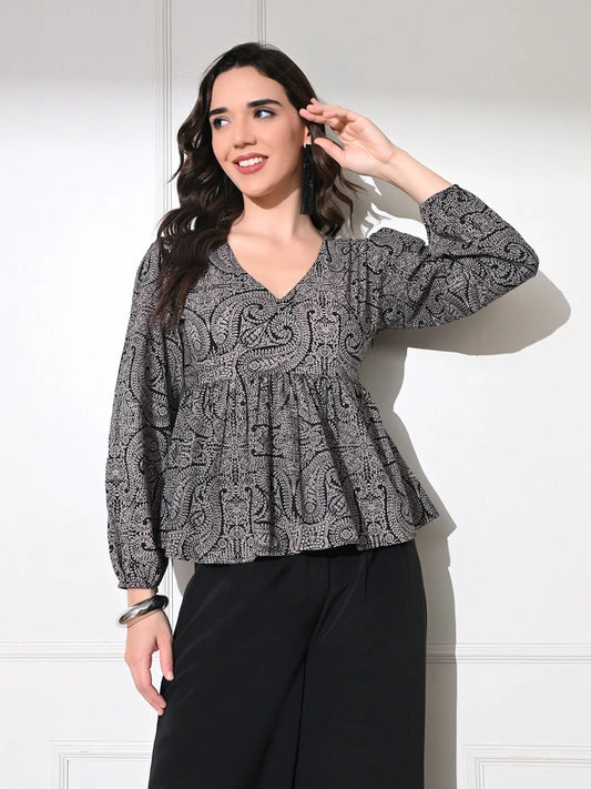 Charcoal Paisley Peplum Top