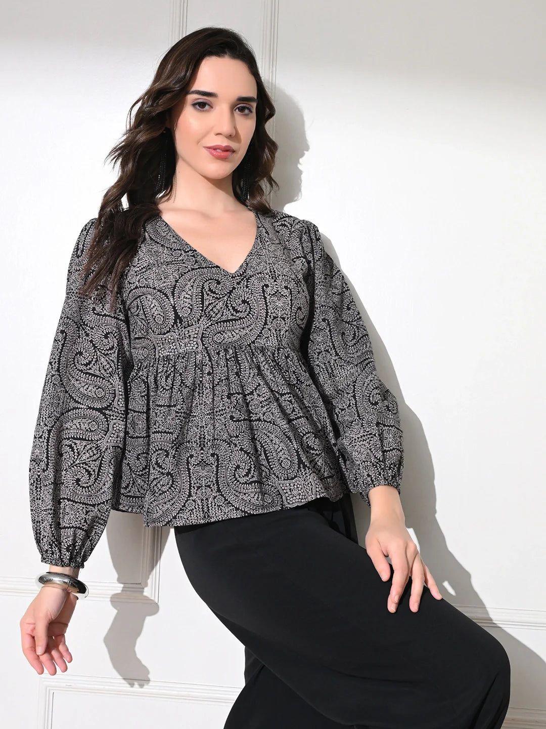 Charcoal Paisley Peplum Top
