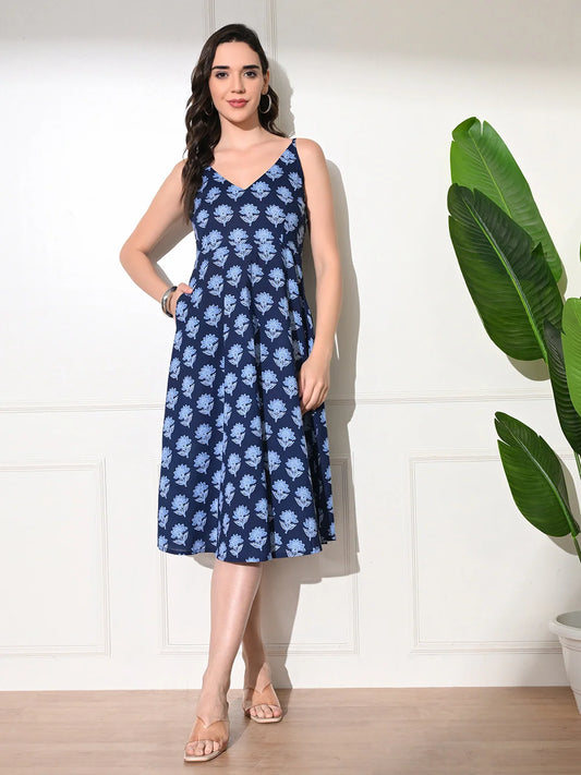 Indigo Blossom Flared Dress