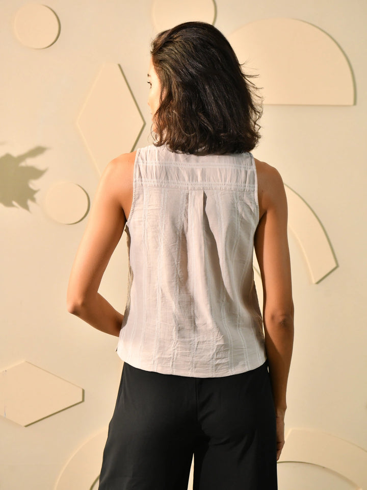 Beige Thread Notch Collar Shirt