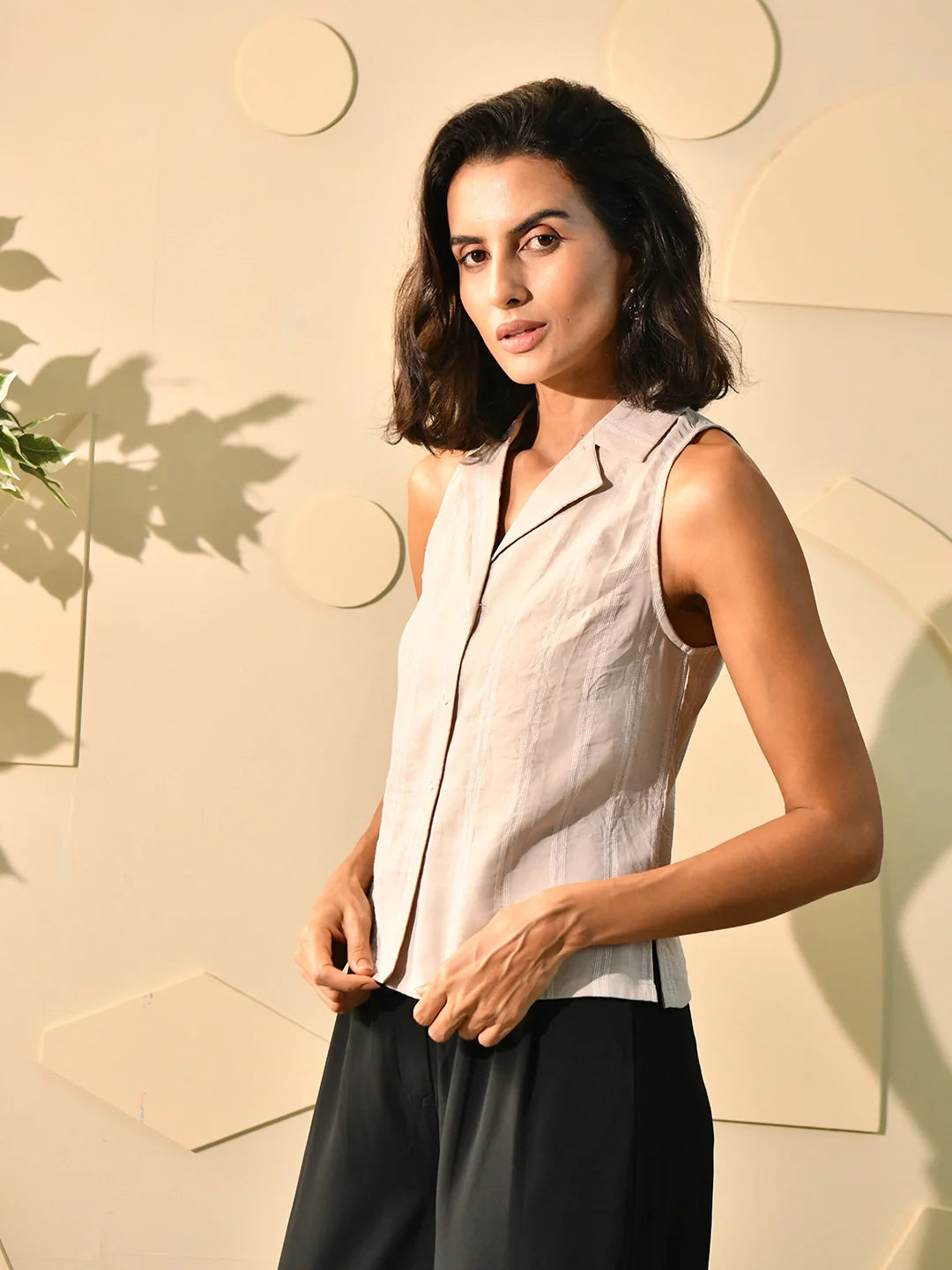 Beige Thread Notch Collar Shirt