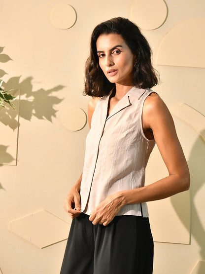 Beige Thread Notch Collar Shirt