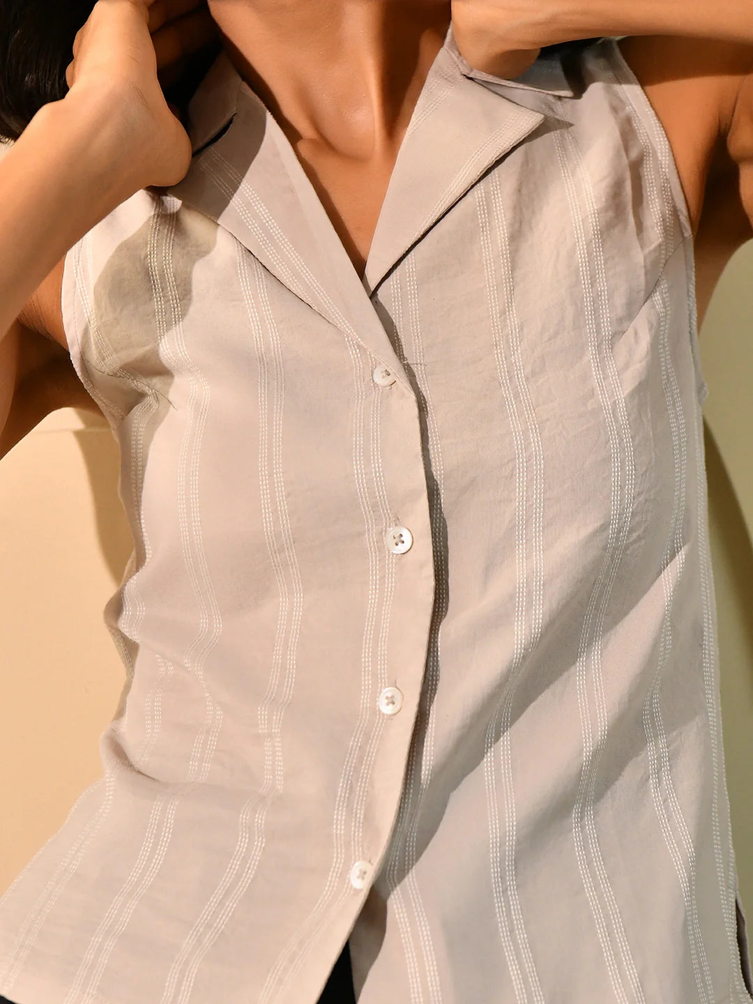 Beige Thread Notch Collar Shirt