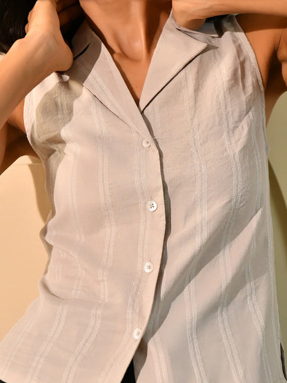 Beige Thread Notch Collar Shirt