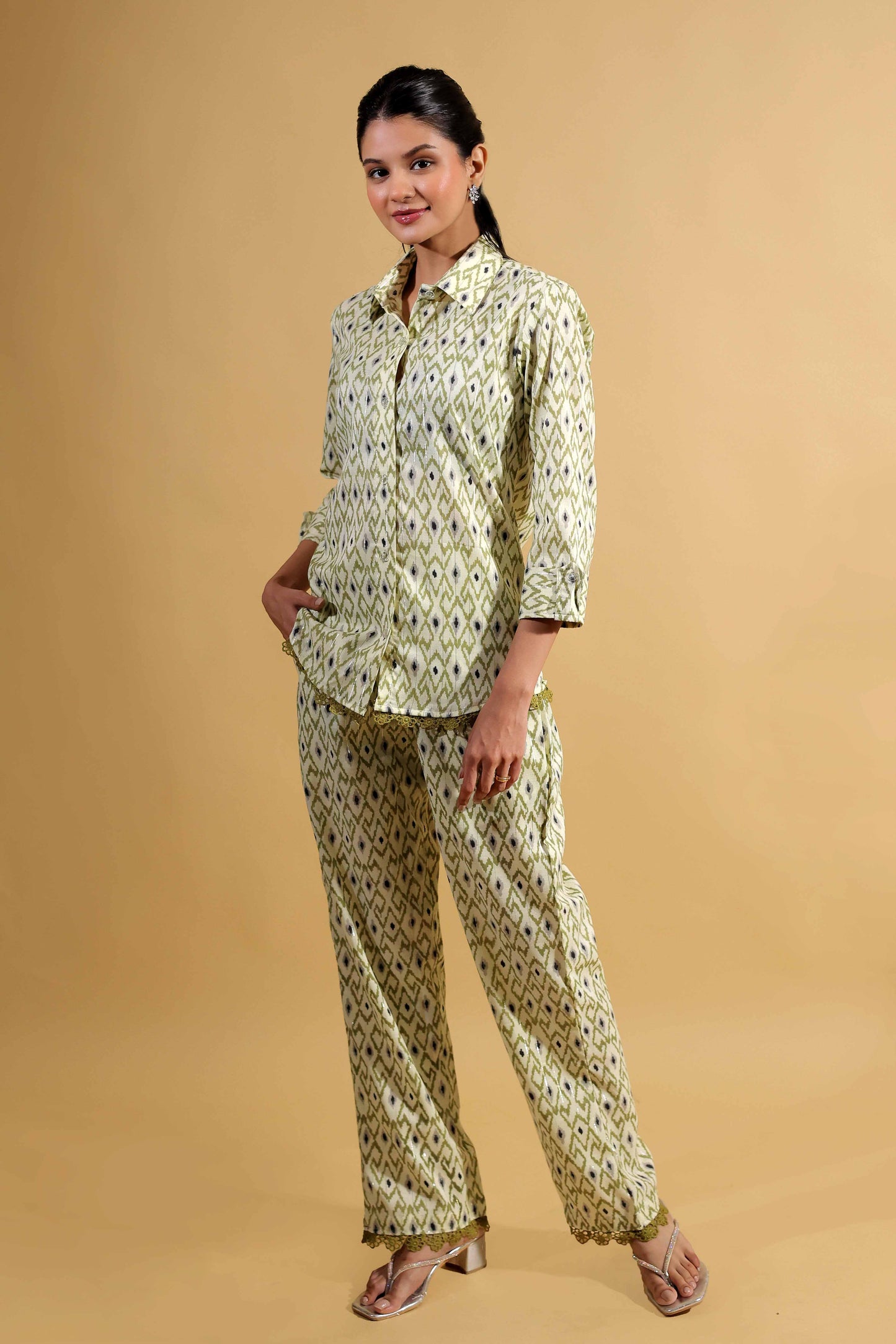 Forest Green Lace Collar Shirt With Trouser