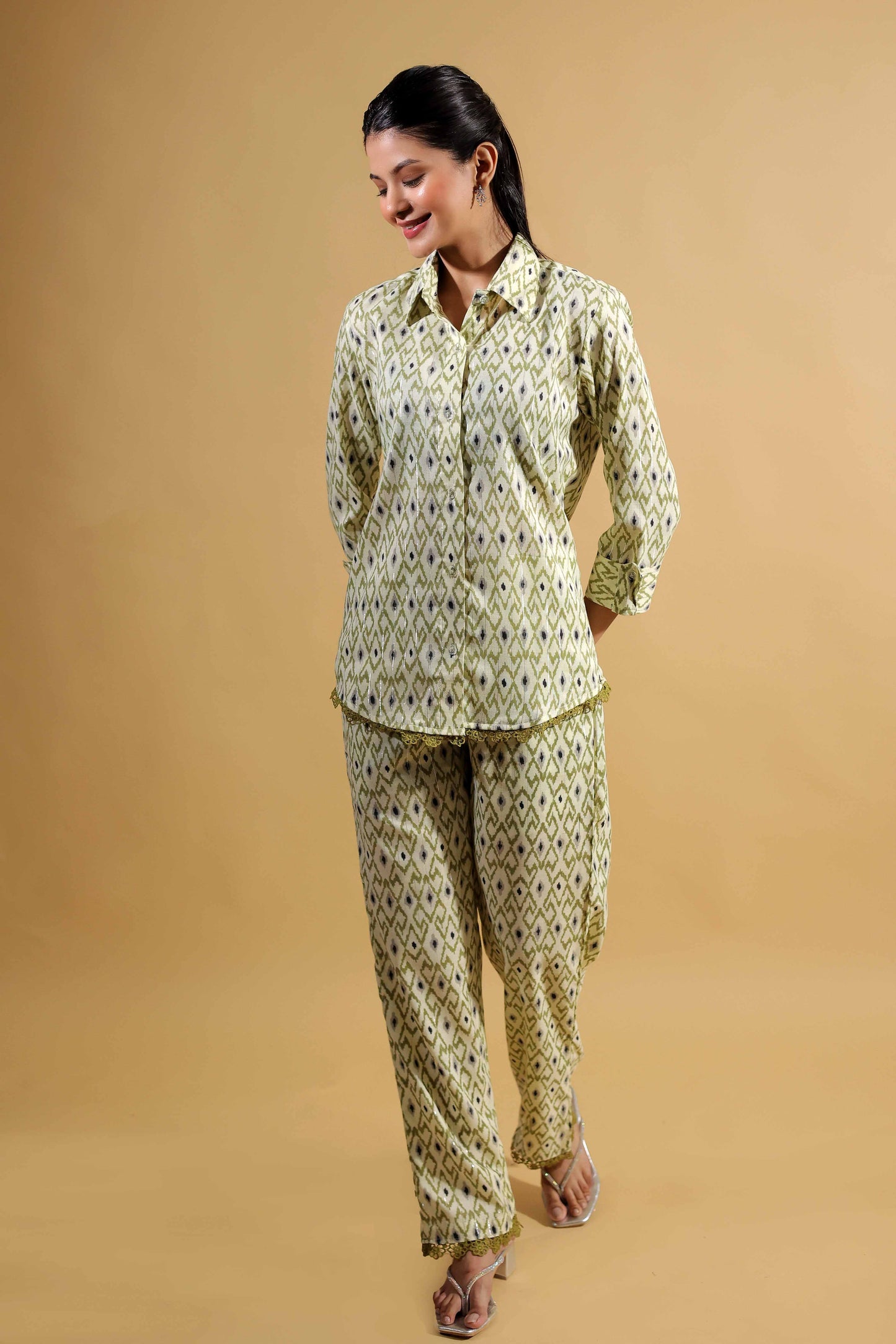 Forest Green Lace Collar Shirt With Trouser