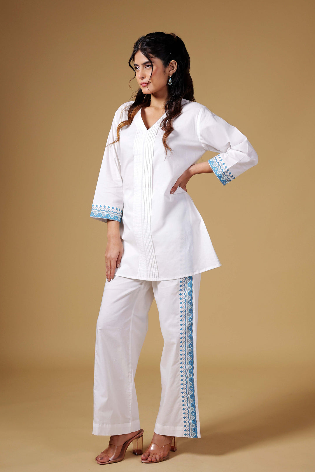 Azure Bloom Kurti Set in Pristine White