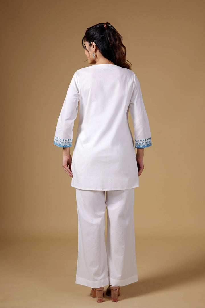 Azure Bloom Kurti Set in Pristine White