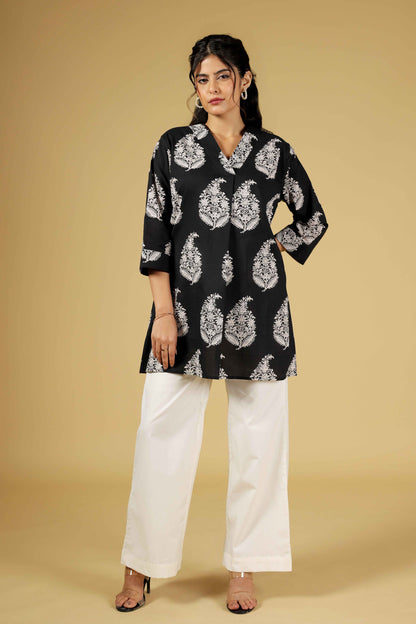 Noir Bloom Kurti With Ivory Palazzos