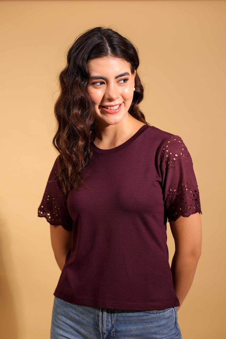 Maroon Magic Round Neck T-Shirt With Statement Sleeves