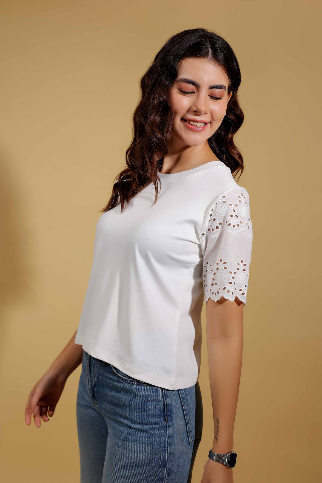 Classic White Round Neck T-Shirt With Statement Sleeves