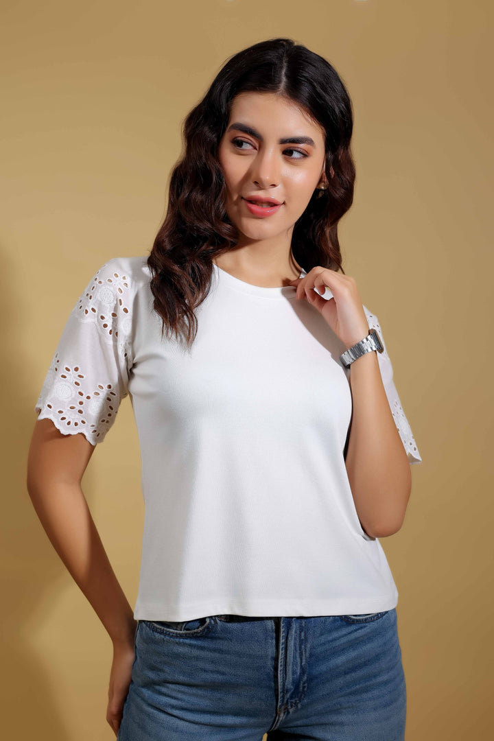 Classic White Round Neck T-Shirt With Statement Sleeves