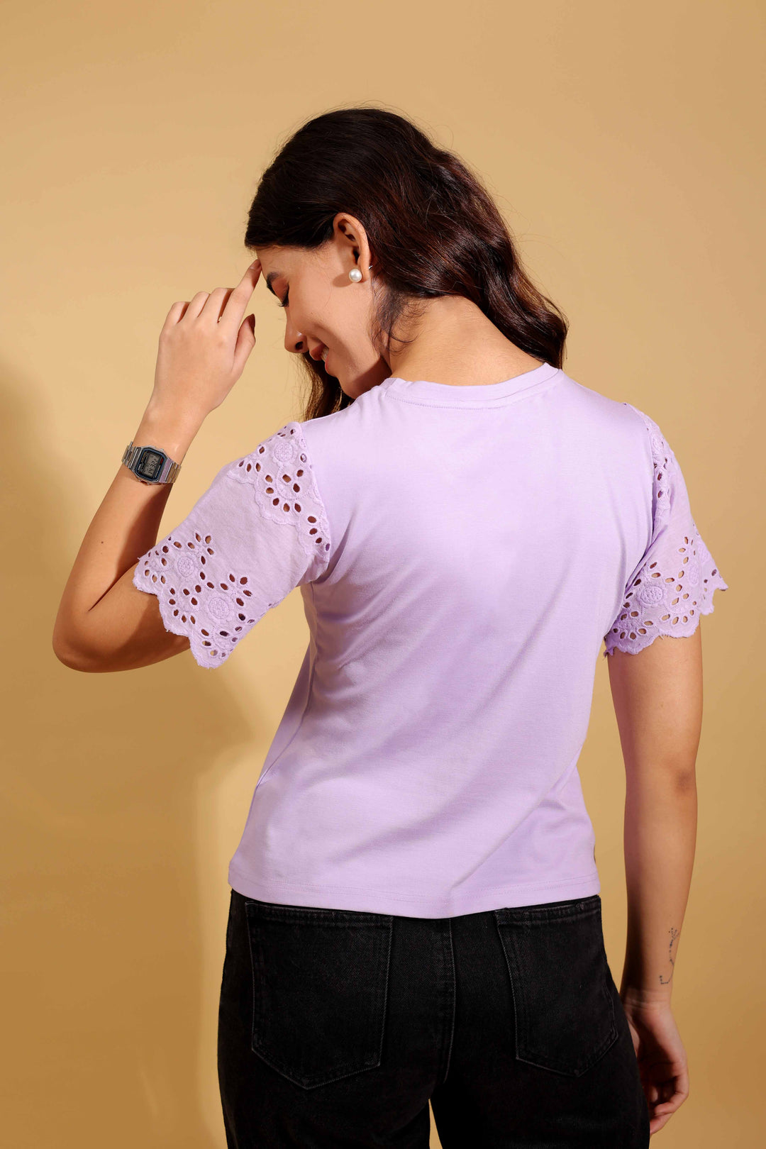 Purple Petal Round Neck T-Shirt With Statement Sleeves