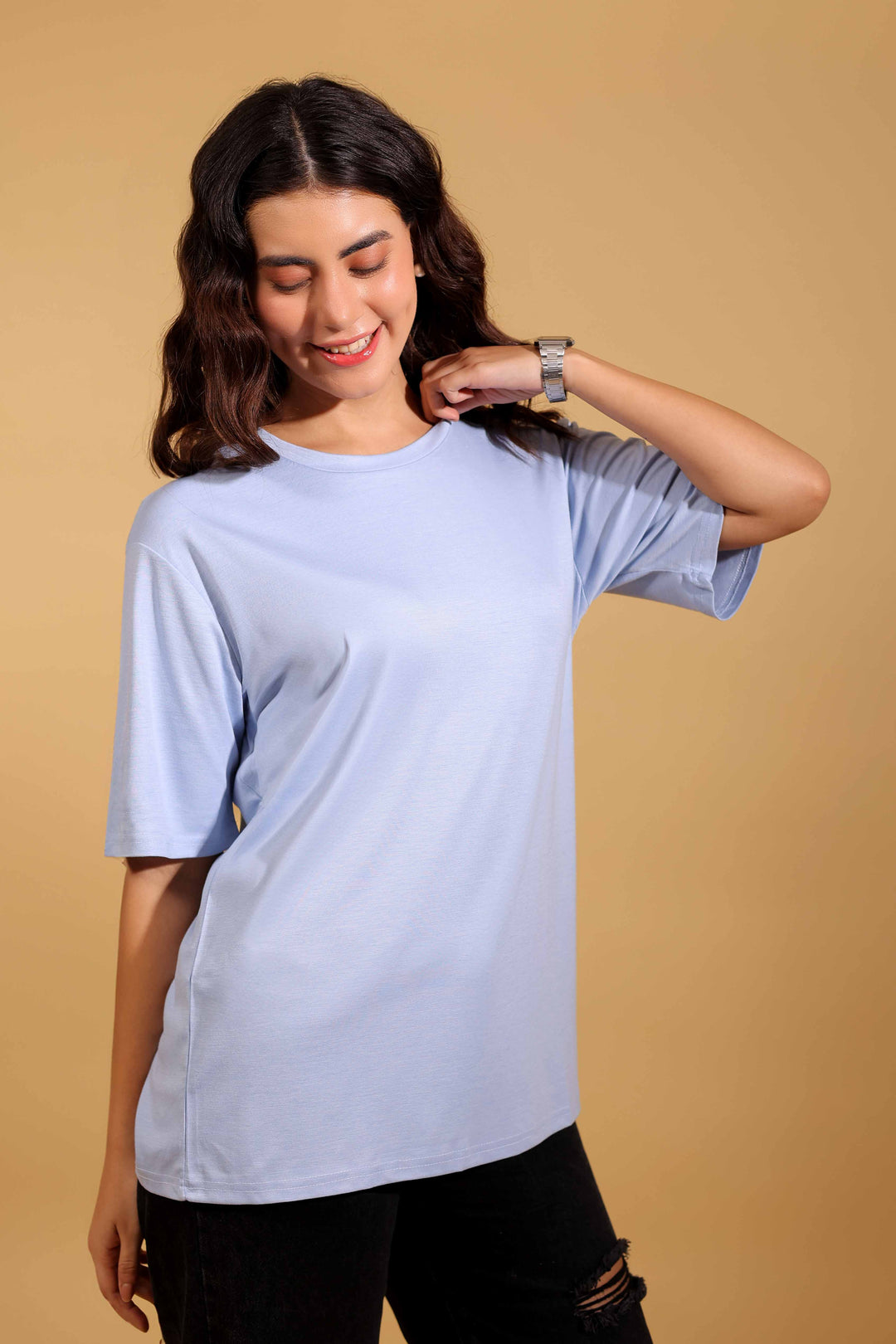 Skyline Blue Round Neck Loose Fit T-Shirt