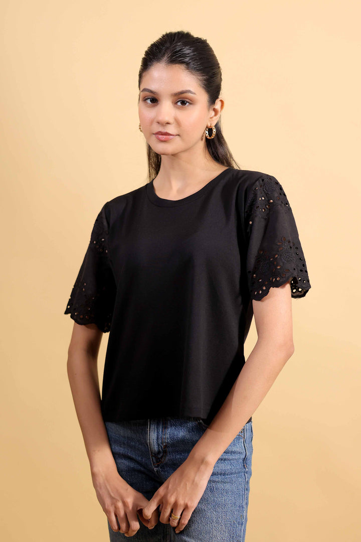 Midnight Black Round Neck T-Shirt With Statement Sleeves