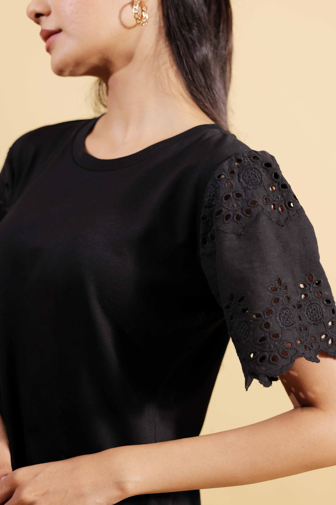 Midnight Black Round Neck T-Shirt With Statement Sleeves