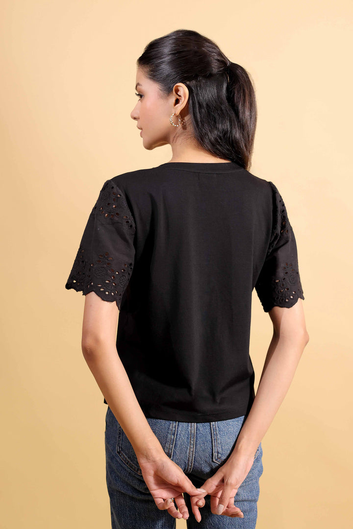 Midnight Black Round Neck T-Shirt With Statement Sleeves