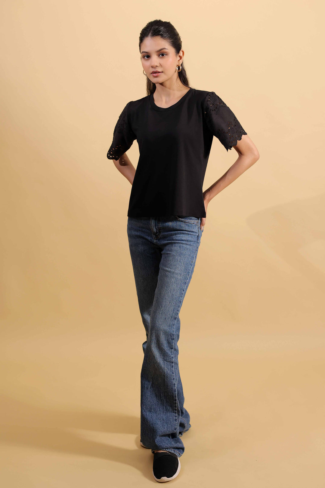 Midnight Black Round Neck T-Shirt With Statement Sleeves