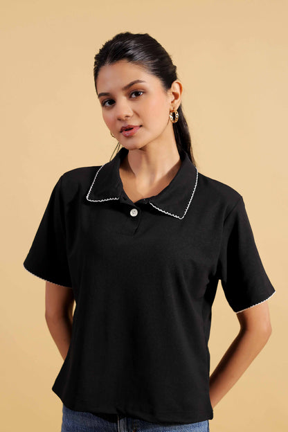 Stitched Collar Midnight Black T-Shirt