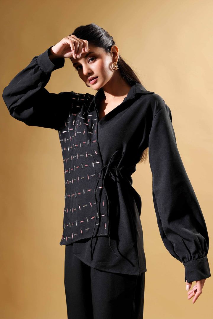 Black Hand-Embroidered Collar Neck Co-ord Set