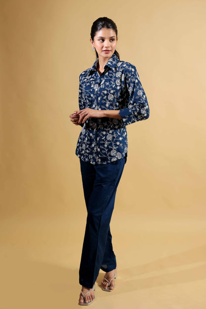 Blue Embroidered Collar Neck Shirt With Trouser
