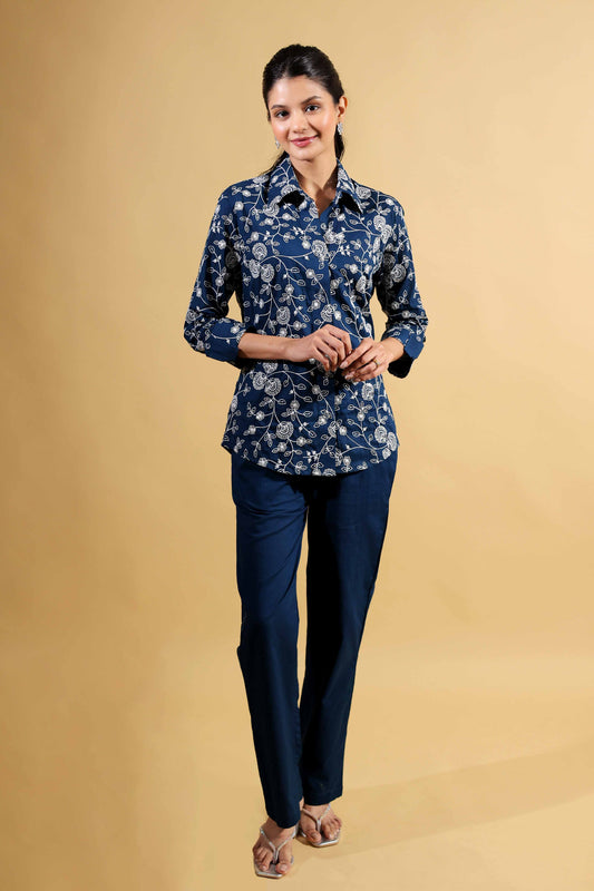 Blue Embroidered Collar Neck Shirt With Trouser