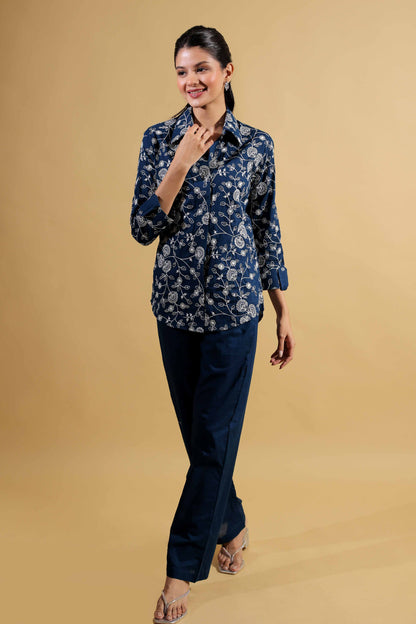 Blue Embroidered Collar Neck Shirt With Trouser