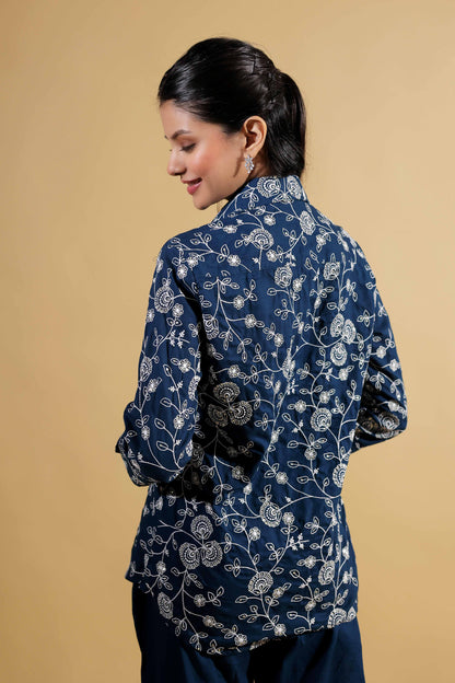 Blue Embroidered Collar Neck Shirt With Trouser