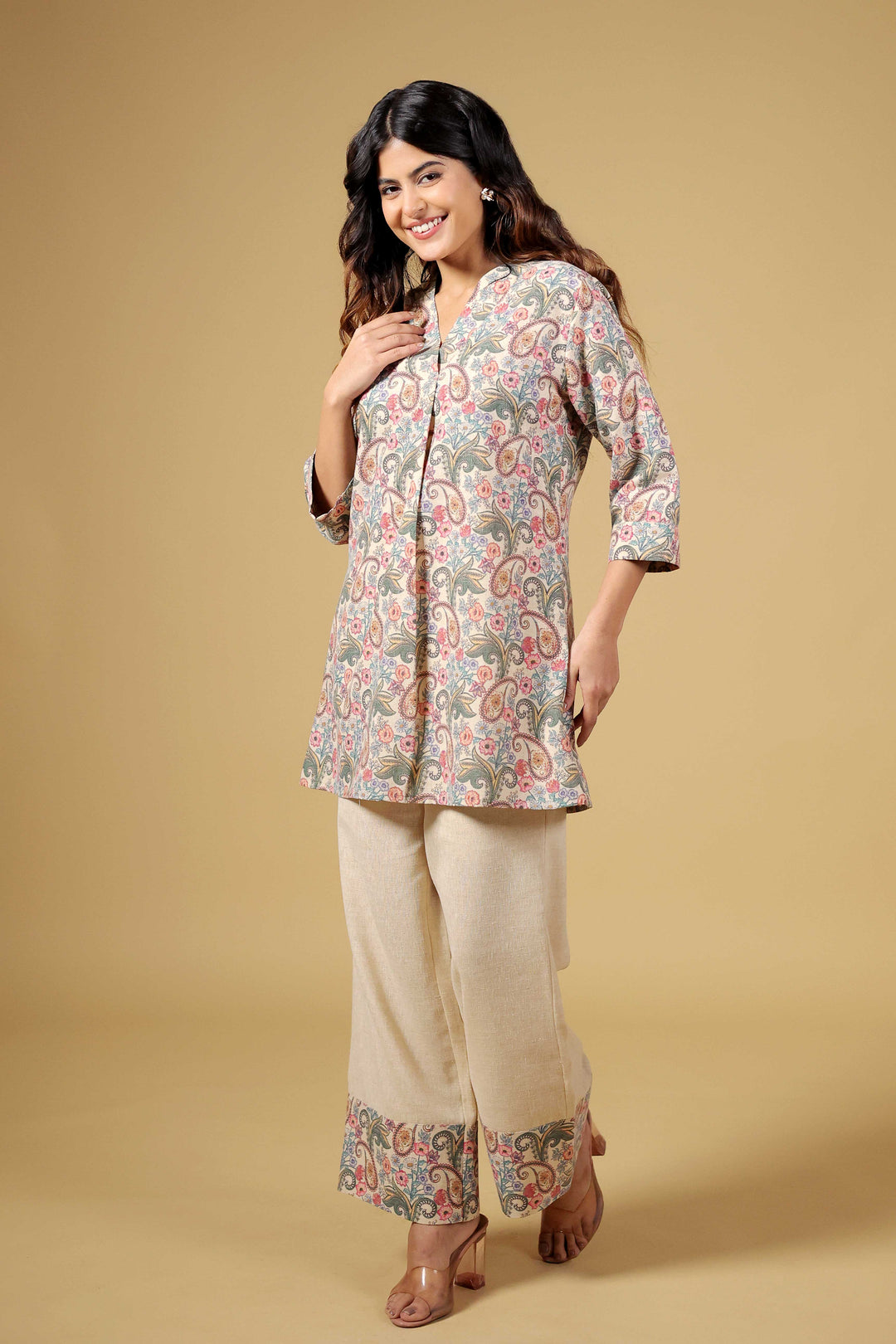 Blossom Beige Fusion Kurti Set