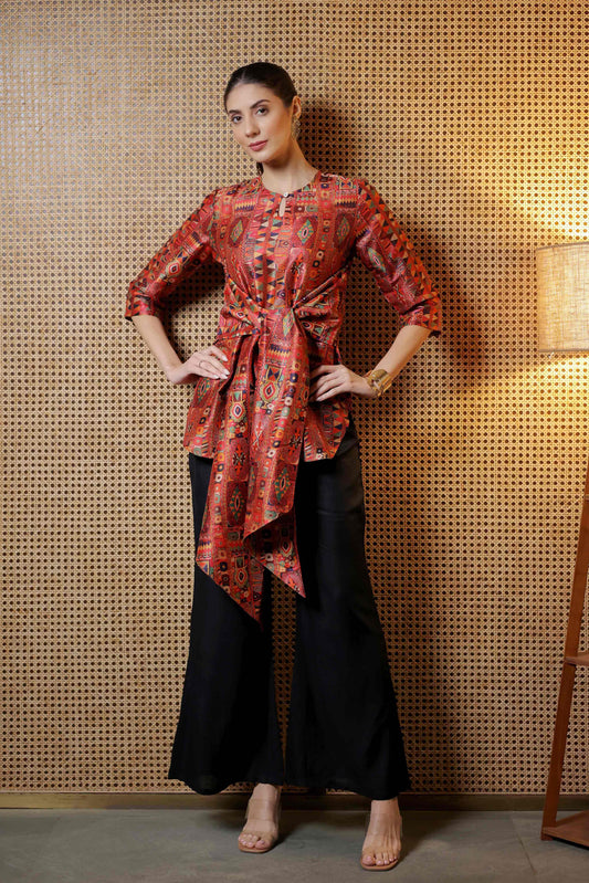 Rustic Mosaic Kurti Set with Ribbon Front