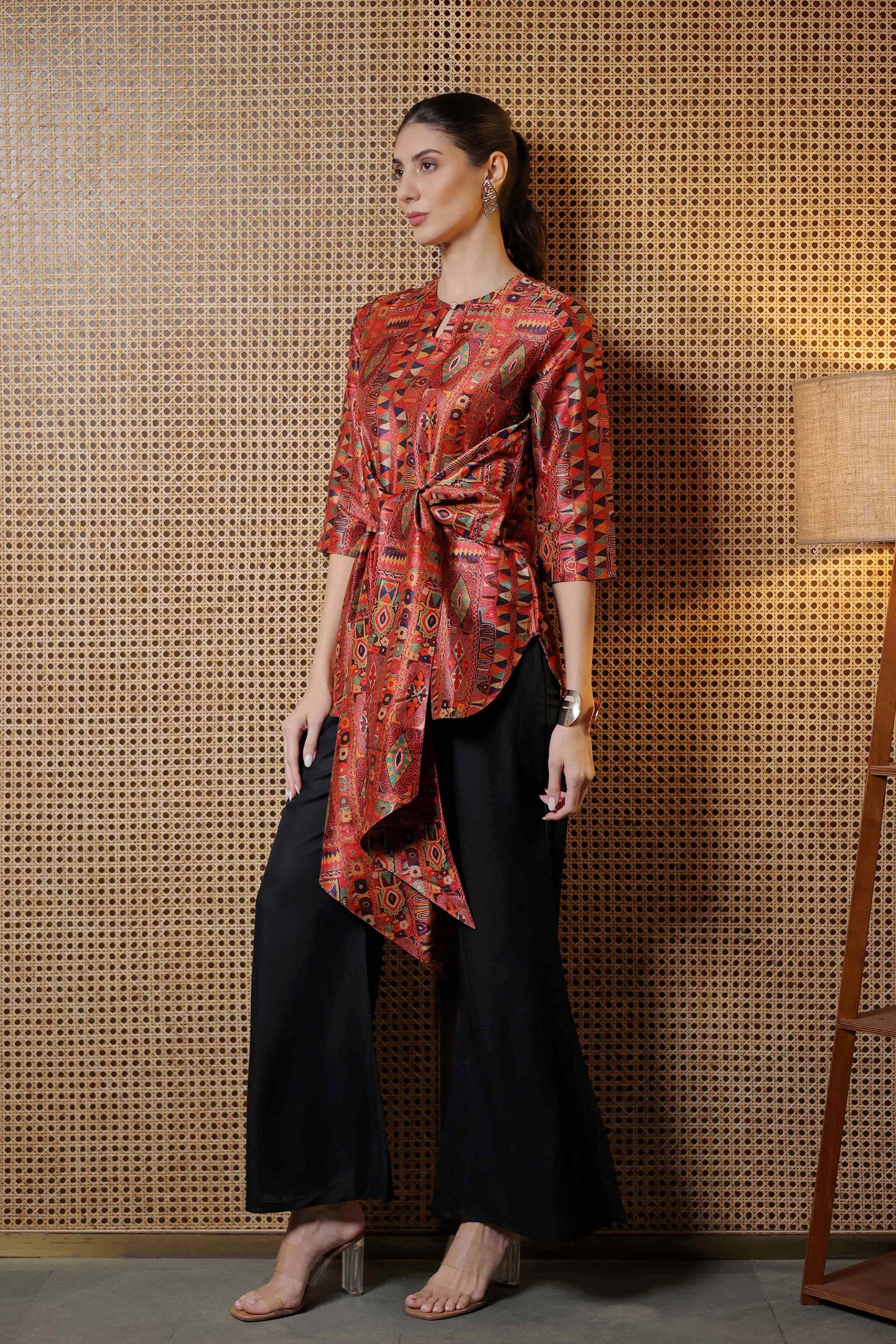 Rustic Mosaic Kurti Set with Ribbon Front