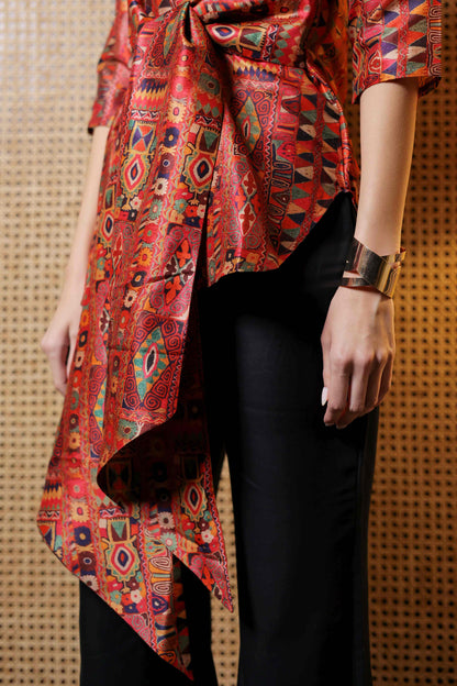 Rustic Mosaic Kurti Set with Ribbon Front