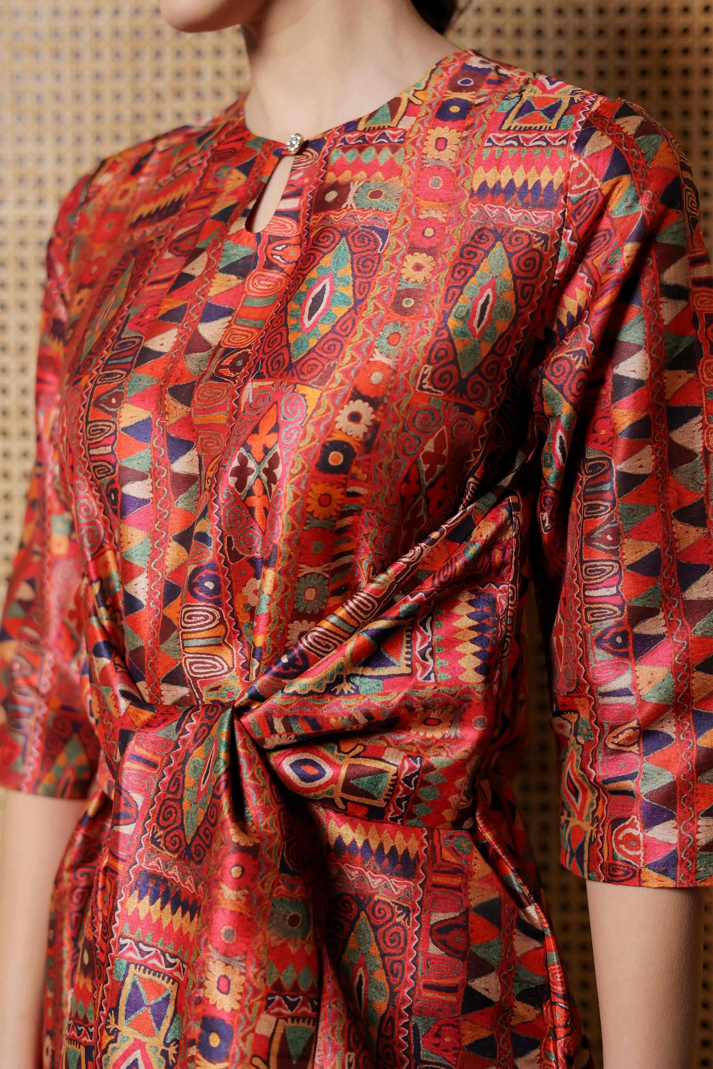 Rustic Mosaic Kurti Set with Ribbon Front