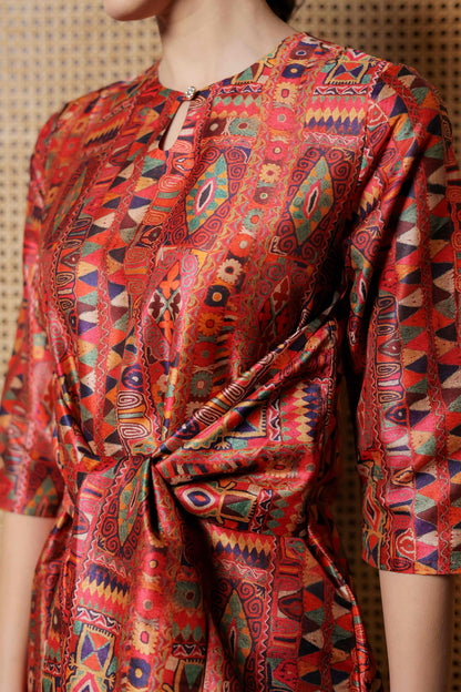 Rustic Mosaic Kurti Set with Ribbon Front