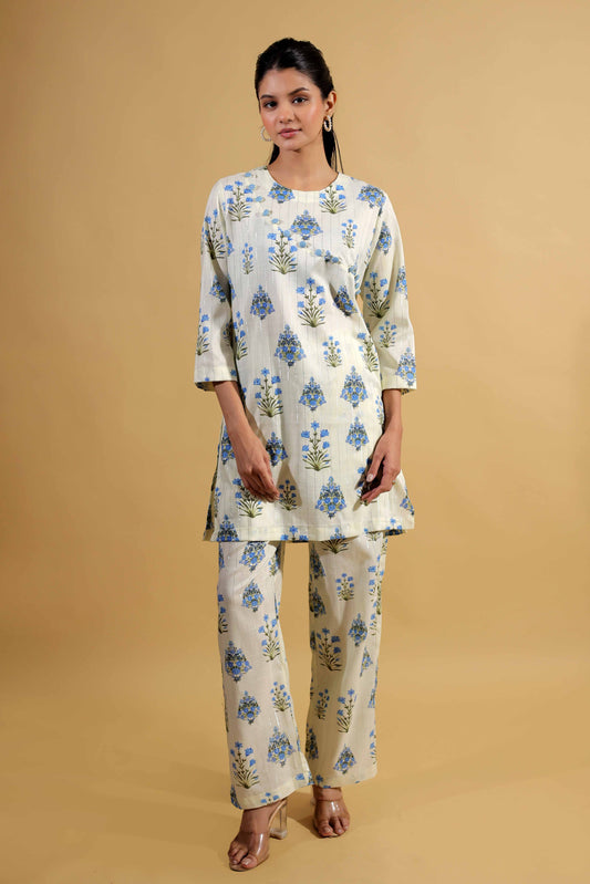 Floral Print Beige Kurti Set