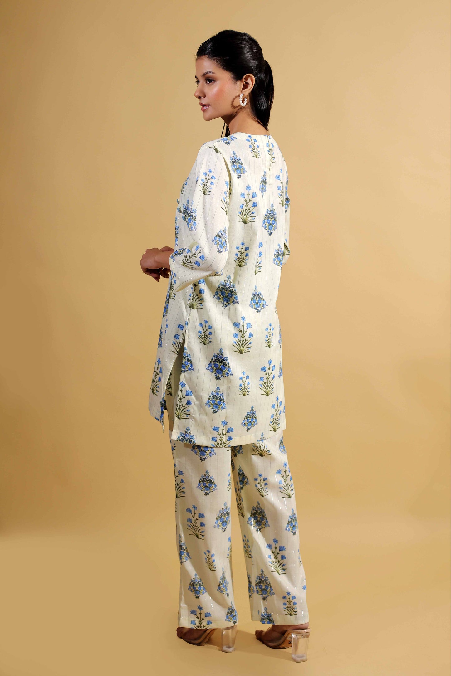 Floral Print Beige Kurti Set